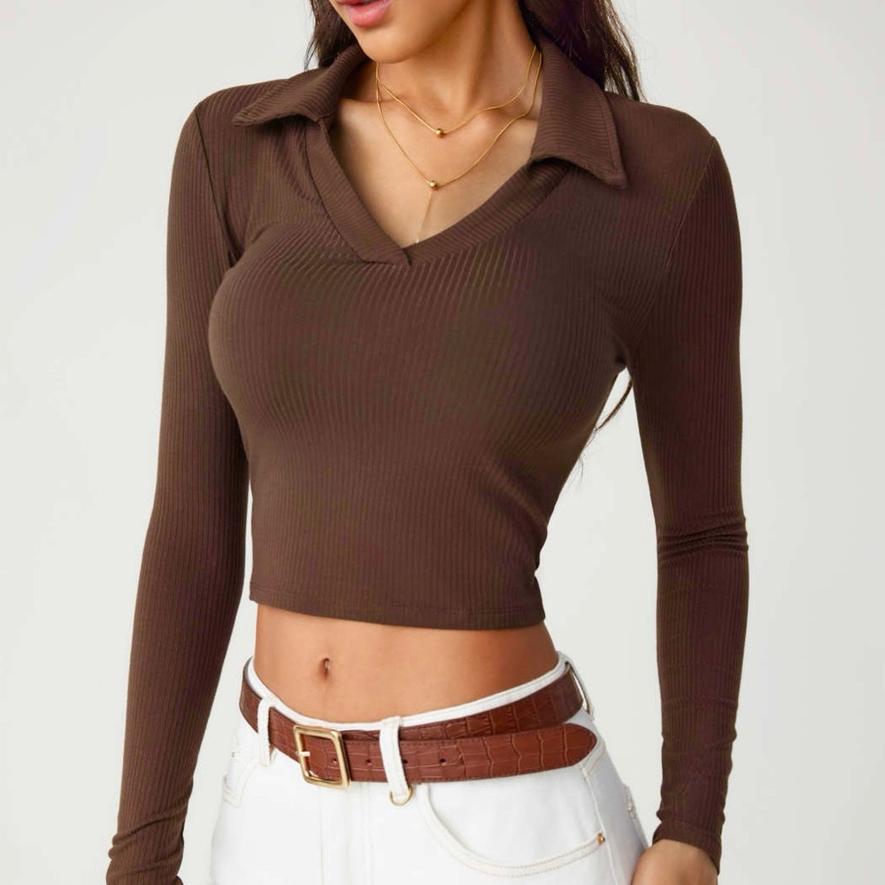 🔥2/$40🔥 ZARA Brown Ribbed Collar Long Sleeve Crop Top